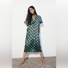 Zara V-Neckline Tunic Dress With Short Flowy Sleeves. Hidden Inseam Side Pockets. Front Pleats. Asymmetric Hem. Brand New With Tags. Armpit To Armpit 32” Length 46” Silk V-neck Dress For Vacation, Zara V-neck Shirt Dress For Daywear, V-neck Shirt Dress For Summer, Green V-neck Shirt Dress, Chic Green V-neck Shirt Dress, Chic V-neck Shirt Dress In Viscose, Chic V-neck Viscose Shirt Dress, Summer V-neck Silk Dress, Green V-neck Silk Dress For Spring