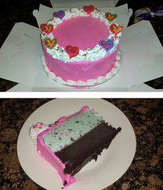 two pictures side by side one has a pink cake and the other has white frosting