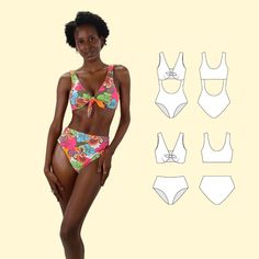 THIS IS A DIGITAL FILE. When you purchase a digital pattern you will receive an e-mail with a downloadable file containing the pattern to download. Patterns file US sizes X-SMALL to XX-LARGE (Approx. UK 8 - 20). Please see the size chart. Printing Instructions and Sewing Instructions in English and Spanish. GABRIELA ONE PIECE AND BIKINI:  View A: Seamless, reversible top. Ties at front. High waisted, seamless, reversible bottom has medium back coverage. View. B: Seamless, reversible one piece swimsuit. Ties at front. High waisted bottom has medium back coverage.  SUGGESTED FABRICS: Garment Fabric: Swimwear fabric with spandex, and at least two-way stretch with 50% stretch or more.   The suit is reversible, 2 contrast fabrics are needed (no lining is required).   FABRIC REQUIRED: 58″ or 60" Swimwear Patterns, Classic Sewing Patterns, Swimsuit Pattern Sewing, Suit Colors, Swimwear Pattern, Reversible Top, Swimsuit Pattern, Sewing Instructions, Make Your Own Clothes