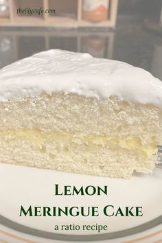 a piece of lemon meringue cake on a plate with the title overlay