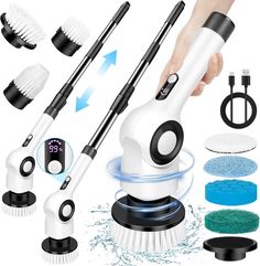 an image of a hand holding a hair dryer and cleaning brush with various accessories