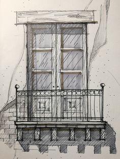 a drawing of a balcony with an open window and bars on the railing next to it