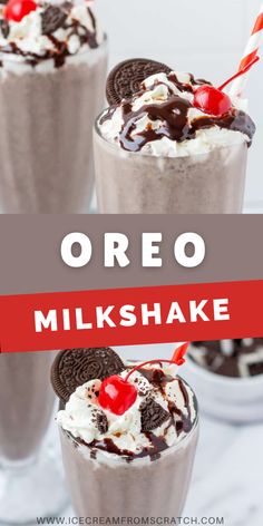 oreo milkshake with chocolate and ice cream on top, topped with cherries