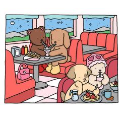 two teddy bears sitting at a table eating food