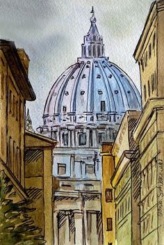 the dome of st peter's cathedral in rome, italy painted with watercolors