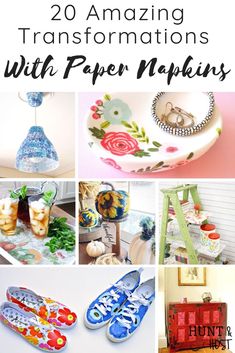 many different pictures with the words 20 amazing ways to transform paper napkins