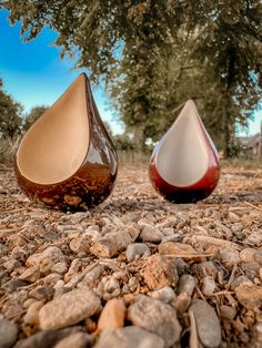 two brown and white vases sitting on top of a rocky ground next to trees