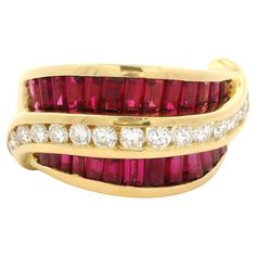 --Stone(s):-- (26) Natural Genuine Rubies - Calibre Cut - Channel Set - Clean Vivid Red Color (19) Natural Genuine Diamonds - Round Brilliant Cut - Channel Set - VS1/VS2 Clarity - F/G Color - 0.57ctw (approx.) Material: Solid 18k Yellow Gold Weight: 15.36 Grams Ring Size: 9.5 (Fitted on a finger. We can custom size this ring. Please contact us prior to purchase for sizing inquiries.) Top of the Ring Dimensions: 12.7mm (0.50") (top of the ring - north to south), 4.6mm (bottom of the shank) Ring H Hermes Kelly Bag, Cartier Panthere, Bracelet Love, Shopping Photography, Modern Ring, Wide Band Rings, Color Rojo, Ruby Diamond, Channel Set