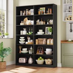 a black bookcase filled with lots of food