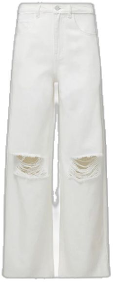 Casual White Bottoms With Frayed Hem, White High-rise Pants With Frayed Hem, White High Rise Pants With Frayed Hem, High Rise White Pants With Frayed Hem, White Wide Leg Bottoms With Frayed Hem, White Ripped Straight Leg Jeans, White Ripped Cotton Bottoms, White Distressed Straight Leg Bottoms, White Ripped Jeans For Summer