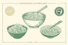 hand drawn illustrations of noodles in bowls with chopsticks and labels on the side