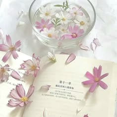 an open book with pink and white flowers on it next to a bowl of water