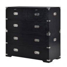 a black chest with four drawers and silver handles on the bottom, in front of a white background