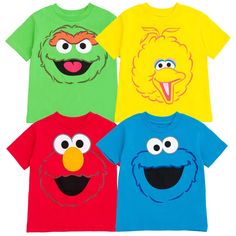 four sesame characters are wearing t - shirts with the same color as each other's faces