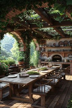 an outdoor dining area with wooden tables and chairs, surrounded by greenery on the roof