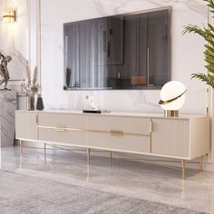 an elegant living room with white walls and marble flooring, large mirror on the wall