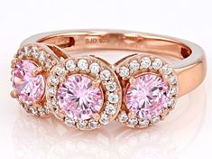 Bella Luce® pink and white diamond simulants 2.85ctw round, Eterno™ 18k rose gold over sterling silver ring. Measures approximately 0.81" L x 0.31" W and is not sizeable. The diamond equivalent weight is 1.72. Gia Certified Rose Gold Cubic Zirconia Rings, Gia Certified Rose Gold Round Jewelry, Man Made Diamonds, Diamond Simulant, Pink Gemstones, 3 Carat, Cultured Pearls, 18k Rose Gold, Gemstone Colors