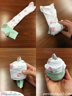 four pictures showing how to make an adorable cupcake with flowers on it, including the top and bottom