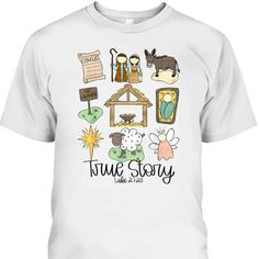 a white t - shirt with the words time story written on it and various items