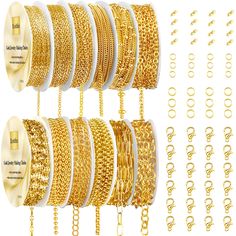 PRICES MAY VARY. Package Includes: 95.1 feet 12 rolls gold necklace chains bulk, with 100pcs 5mm jump rings,100pcs 6mm jump rings,30pcs lobster clasps for decorative chain jewelry making. Complete accessories kit can make many beautiful jewelry chains Good Quality Materials: Necklace chains are made of gold plated metal, strong and durable, corrosion resistant, dainty and shiny. Easy to Use and Store: Jewelry link chains of each style are rolled on the reel so chains won't get entangled, and you Chain Necklace Diy, Jewelry Chains, Store Jewelry, Can Diy, Body Chain Jewelry, Chain Jewelry, Gold Chain Necklace, Fashion Jewelry Necklaces, Bracelet Jewelry