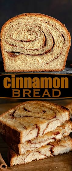 two slices of cinnamon bread sitting on top of a cutting board