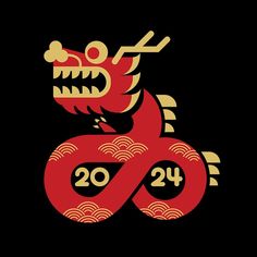 a red and gold dragon with the number twenty four on it's face, against a black background