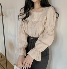 Cute Light Academia Vintage Square Collar Lace Blouse for - Etsy Vintage Lace Blouses, Casual Blouse Women, Puff Sleeve Shirt, Sweet Shirt, Crop Top Casual, Clothes Women, Light Academia, Long Puff Sleeves