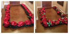 two pictures of an arrangement of strawberries in the shape of a rectangle on the floor