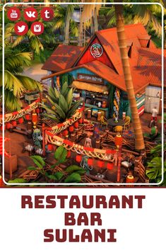 the restaurant bar is surrounded by palm trees and other tropical plants, with an orange roof