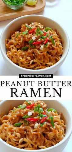 Image showing creamy peanut butter noodles in a white bowl. Peanut Butter Ramen Noodles, Butter Ramen Noodles, Ramen Dinner Recipes, Top Ramen Recipes, Bbq Favorites, Ramen Noodles Recipe, Peanut Butter Ramen, Ramen Dinner, Ramen Recipes Easy