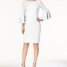 Calvin Klein Tiered-Bell-Sleeve Sheath Dress In White, Still Looks Brand New Spring Bell Sleeve Stretch Dresses, Spring Fitted Mini Dress With Bell Sleeves, Spring Stretch Bell Sleeve Dresses, White Bell Sleeve Formal Dress, Elegant Bell Sleeve Mini Dress For Spring, Elegant Spring Mini Dress With Bell Sleeves, Elegant Bell Sleeve Spring Dresses, Elegant Bell Sleeve Midi Dress For Brunch, Spring Evening Midi Dress With Bell Sleeves