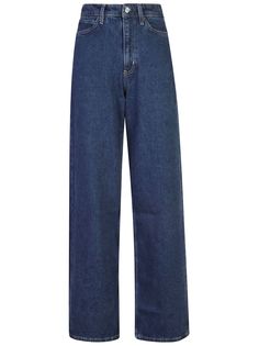 indigo blue stretch-cotton washed denim high-rise wide leg front button fastening belt loops classic five pockets Kelvin Klein Jeans Women, Modern Denim Blue Jeans With Belt Loops, Modern Denim Blue Flare Jeans With Belt Loops, Classic Blue Wide Leg Jeans, Modern Denim Jeans With Belt Loops, Wide-leg Cropped Jeans With Five Pockets, Wide-leg Cropped Denim Jeans, Dark Wash Rigid Denim Wide Leg Flare Jeans, Dark Wash Wide Leg Rigid Denim Flare Jeans