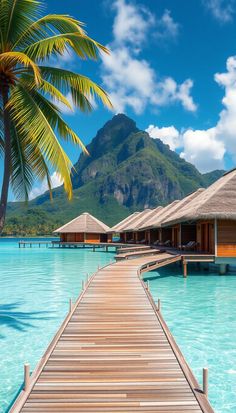 a dock leading to some huts on the water with mountains in the background and palm trees