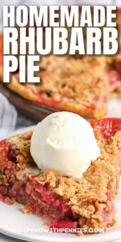 homemade rhubarb pie on a white plate with ice cream in the middle