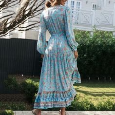 Bohemian Dress V-Neck Waist-Tied Maxi Length Three Quarter Sleeves Lightweight Material, Perfect Vacation Dress Acrylic / Cotton Measurements: S Shoulder 40cm, Bust 96cm, Waist 90am, Sleeve 57cm, Length 123cm M Shoulder 41cm, Bust 100cm, Waist 94m, Sleeve 58cm, Length 124cm L Shoulder 42cm, Bust 104cm, Waist 100am, Sleeve 59cm, Length 125cm Bohemian V-neck Maxi Dress For Brunch, Blue Bohemian Maxi Dress With Boho Print, Flowy Hippie Boho Dress For Brunch, Bohemian V-neck Boho Dress For Brunch, Bohemian V-neck Maxi Dress For Spring, Bohemian Floral Print Boho Dress For Brunch, Blue V-neck Boho Dress For Spring, Spring Hippie V-neck Maxi Dress, Blue Bohemian Style Maxi Length Boho Dress