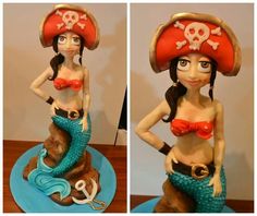 two pictures of a woman with a pirate hat and mermaid tail on top of a cake