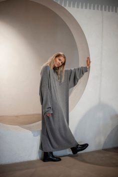 "oversized dress, loose fit dress, oversized sweater dress, knitted dress, minimalist dress, casual dress, one size dress, merino wool tunic Soft, extra fine merino wool Dropped shoulder Wide comfy sleeves Ribbed trims and neck Oversized fit 100% merino wool one sizes fits all Our model is 172cm / 5'8\" tall" Oversize Sweater Dress, Long Wool Dress Outfit, Oversized Women Outfit, Oversized Dress Outfit, Oversize Dress Outfit, Minimalist Dress Casual, Oversized Winter Outfits, Oversized Longsleeve, Pretty Body