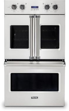 two stainless steel ovens side by side