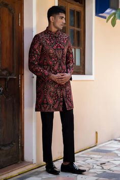 Red sherwani with thread, sequin embroidery in paisley pattern. Paired with pant. - Aza Fashions Red Sherwani, Embroidered Sherwani, Red Thread, Sequin Embroidery, Red Embroidery, Sequins Embroidery, Band Collar, Full Sleeves, Paisley Pattern