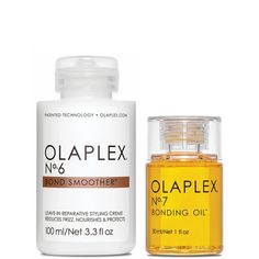 Add the finishing touches to your hairstyle with the Olaplex Bonding Duo. Featuring a smoothing styling cream and weightless hair oil, this set offers the final steps in your Olaplex haircare routine and promotes sleek, smooth and shiny results.  Set Contents:  No.6 Bond Smoother 100ml  The perfect post-styling product, this smoothing cream works to moisturise, strengthen and reduce frizz. The leave-in treatment promotes faster blow-dry times, while helping to tame frizz and flyaways. Suitable for all hair types, including chemically-treated and coloured hair.  No.7 Bonding Oil 30ml  A nourishing hair oil designed to be used during styling to help tame frizz and flyaways and add a glossy shine. It helps to replenish dry and damaged hair, while providing heat protection of up to 232°C to re Olaplex No 6, Bonding Oil, Olaplex Shampoo, Haircare Routine, Night Care, Blowout Hair, Vegetable Protein, Styling Cream, Treated Hair