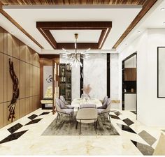 a dining room with marble floors and walls