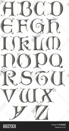 an old english alphabet with the letters and numbers in black ink on a white background