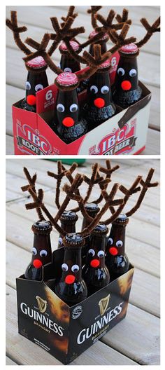 some beer bottles with reindeer antlers on them sitting in a cardboard box filled with chocolate