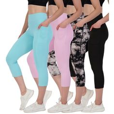 Introducing the ultimate fusion of style, comfort, and versatility - the 4-Pack of Ladies Capri Leggings by Real Essentials! Elevate your wardrobe with these exceptional leggings that seamlessly blend fashion and function. Whether you're hitting the gym, conquering your yoga session, or just running errands, these leggings are your go-to choice for maximum comfort and style. Why settle for one, when you can have it all with our 4-pack? We understand that your dollar should stretch further, and t 4-way Stretch Capri-length Yoga Pants For Sports, Solid Compression Capri-length Yoga Pants, Blue Stretch Capri-length Leggings, Exercise Pants, Leggings With Pockets, Yoga Workout, Yoga Session, Plus Size Activewear, Vibrant Energy