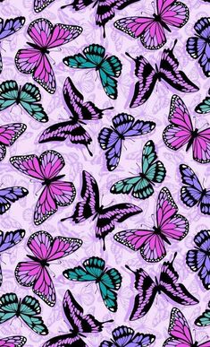 many purple and blue butterflies on a pink background with black outline, all in different colors