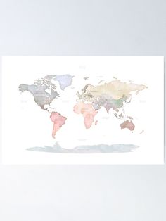 watercolor map of the world with countries in pastel colors on white background poster