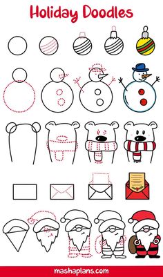 christmas doodles for kids with santa claus and snowman in the background, including an outline