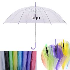 an umbrella with the word logo on it and rainbow colored feathers in front of it