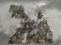 an artistic drawing of a robot standing on top of another robot in front of a cloudy sky