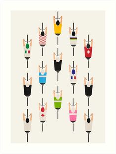 an art print with different colors and sizes of people hanging upside down from umbrellas